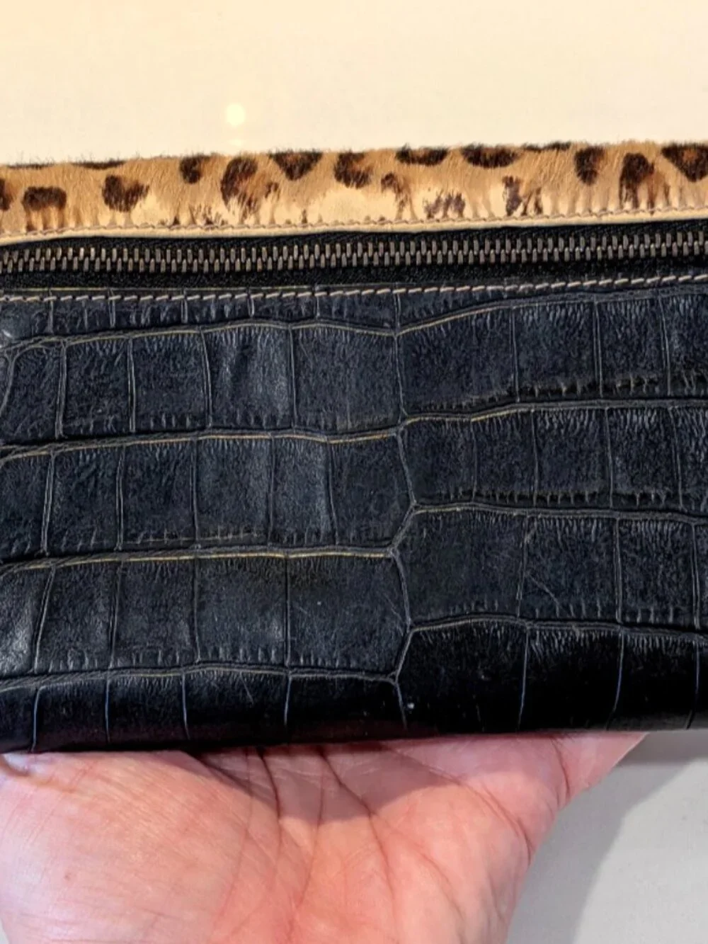 Brahmin Black Leather & Pony Hair Cheetah Wallet Checkbook Pocketbook
